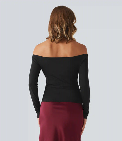 Off Shoulder Built-in Bra Long Sleeve Asymmetric Hem Casual Top