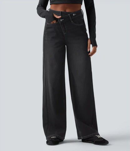 Halara Flex™ Asymmetric High Waisted Washed Casual Baggy Jeans with Pockets