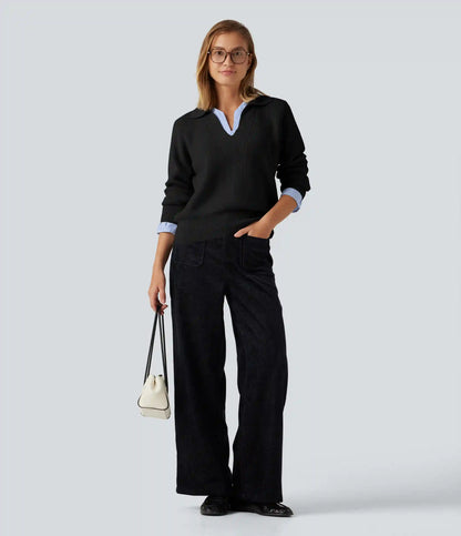 Collared V Neck Long Sleeve 2-in-1 Work Sweater