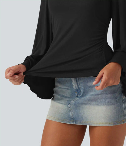 Ribbed Square Neck Flounce 7/8 Sleeve Ruched Casual T-Shirt