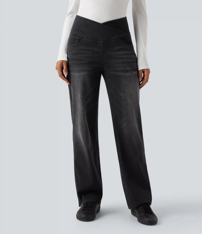 Halara Flex™ Crossover High Waisted Tummy Control Casual Straight Leg Jeans with Pockets