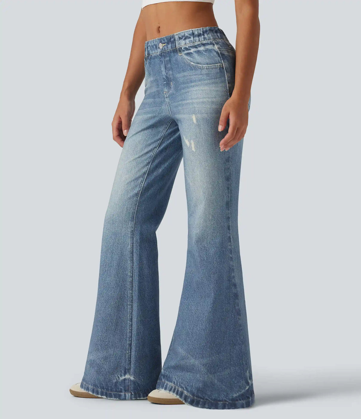 Mid Rise Denim Print Casual Flare Jeans with Pockets