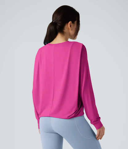 Round Neck Long Sleeve Ruched Yoga Sports Top-UPF50+