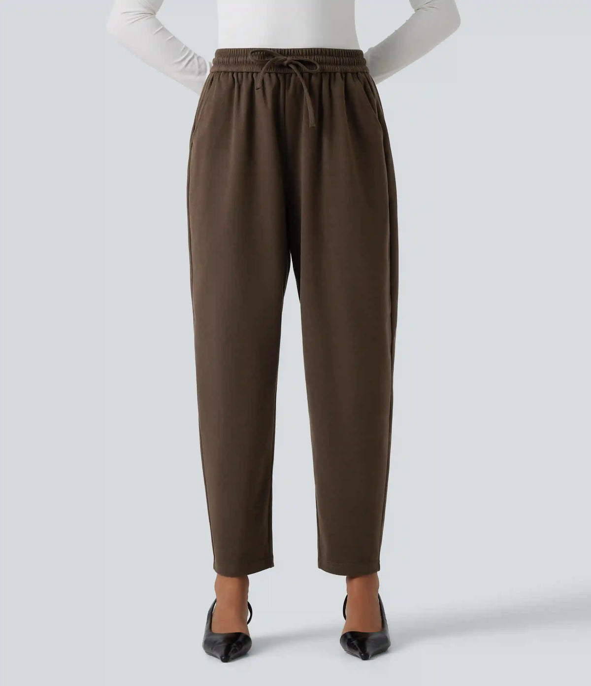 High Waisted Drawstring Tapered Work Pants with Pockets