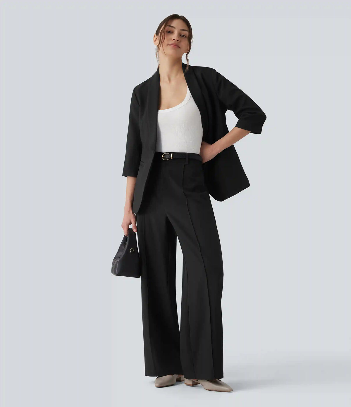 High Waisted Straight Leg Work Linen-Feel Pants with Pockets