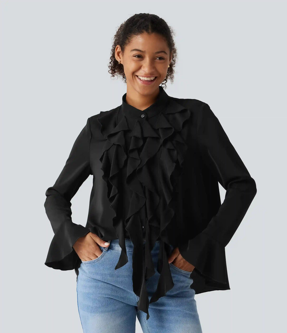Wrinkle Recovery Stand Collar Ruffle Long Sleeve Party Shirt