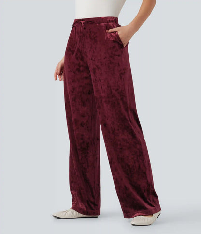 High Waisted Drawstring Velvet Casual Wide Leg Pants with Pockets
