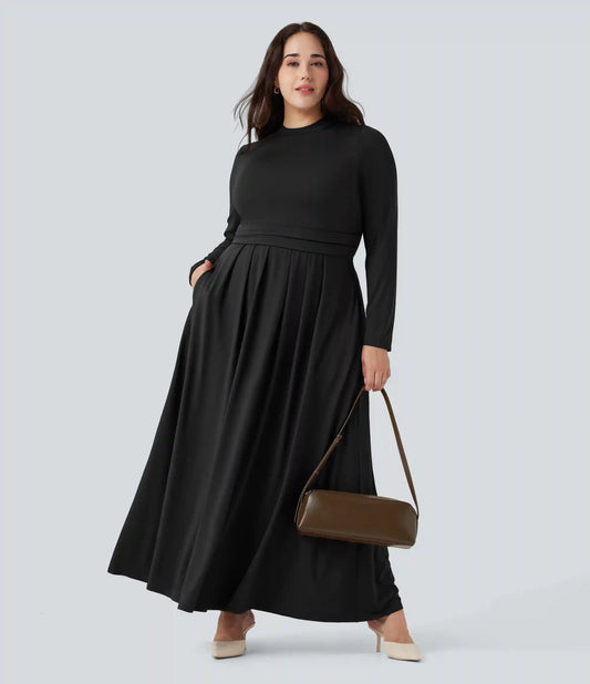 Mock-neck Long Sleeve Flare Maxi Casual Plus Size Dress with Pockets
