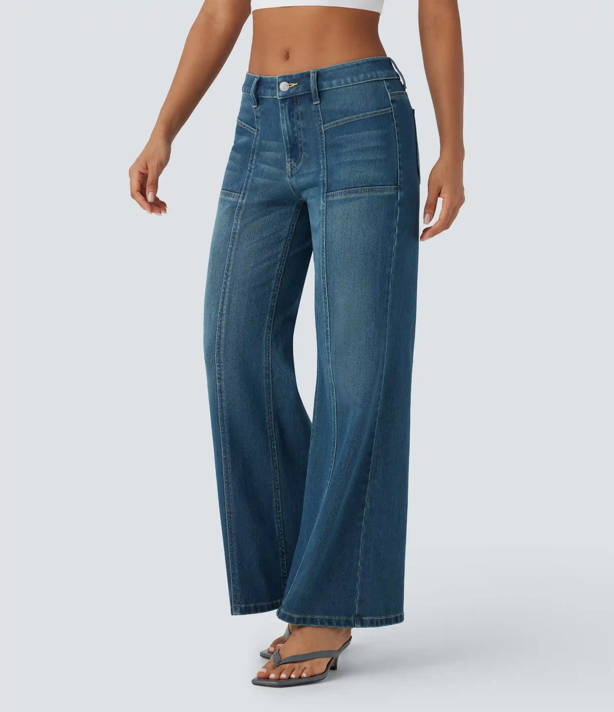 Halara Flex™ Low Rise Zipper Pockets Baggy Wide Leg Flare Washed Casual Jeans