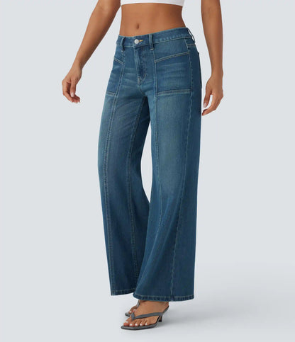 Halara Flex™ Low Rise Zipper Pockets Baggy Wide Leg Flare Washed Casual Jeans