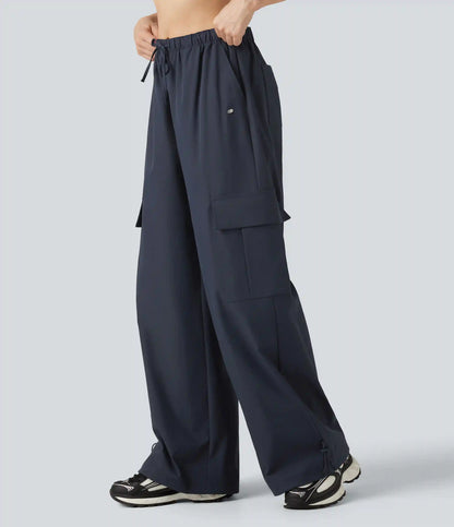 Water Repellent Wear-Resistant Mid Rise Drawstring Baggy Casual Cargo Pants with Pockets