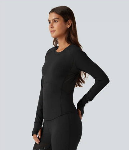 Round Neck Long Sleeve Contrast Mesh Thumb Hole Curved Hem Quick Dry Yoga Sweatshirt