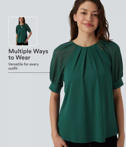 Round Neck Short Sleeve Casual Blouse-Front and Back Wearable