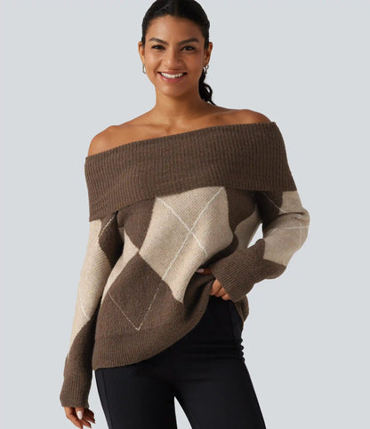 Off Shoulder Long Sleeve Gingham Casual Sweater