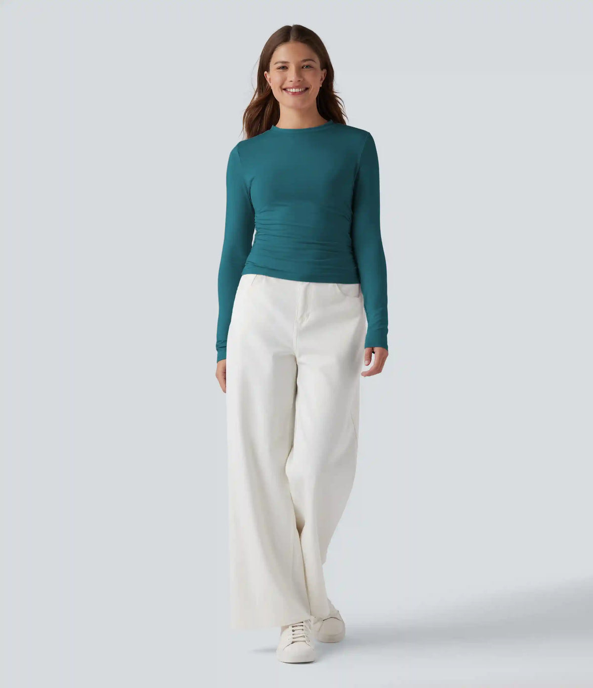 Round Neck Long Sleeve Ruched Casual Top