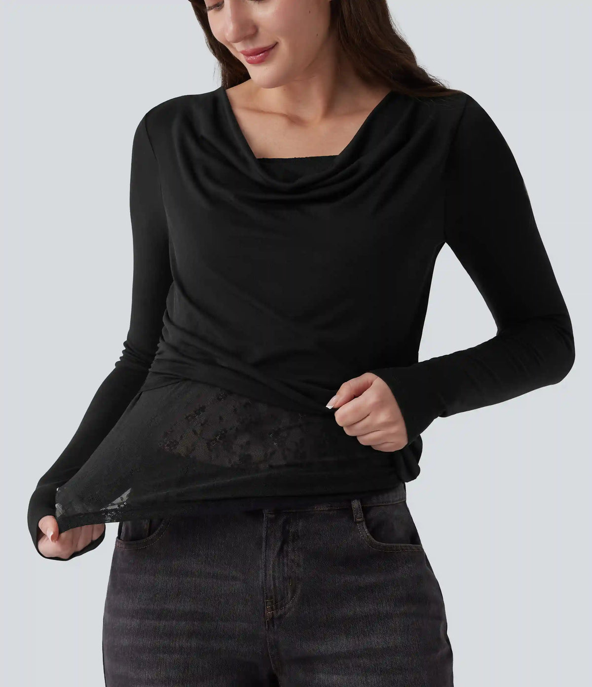 Ribbed Knit Cowl Neck Long Sleeve Contrast Lace Casual Top