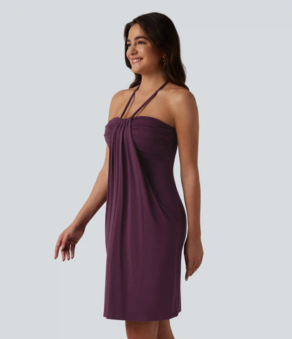Halter Tie Back Built-in Bra Longer Mini Dress with Pockets