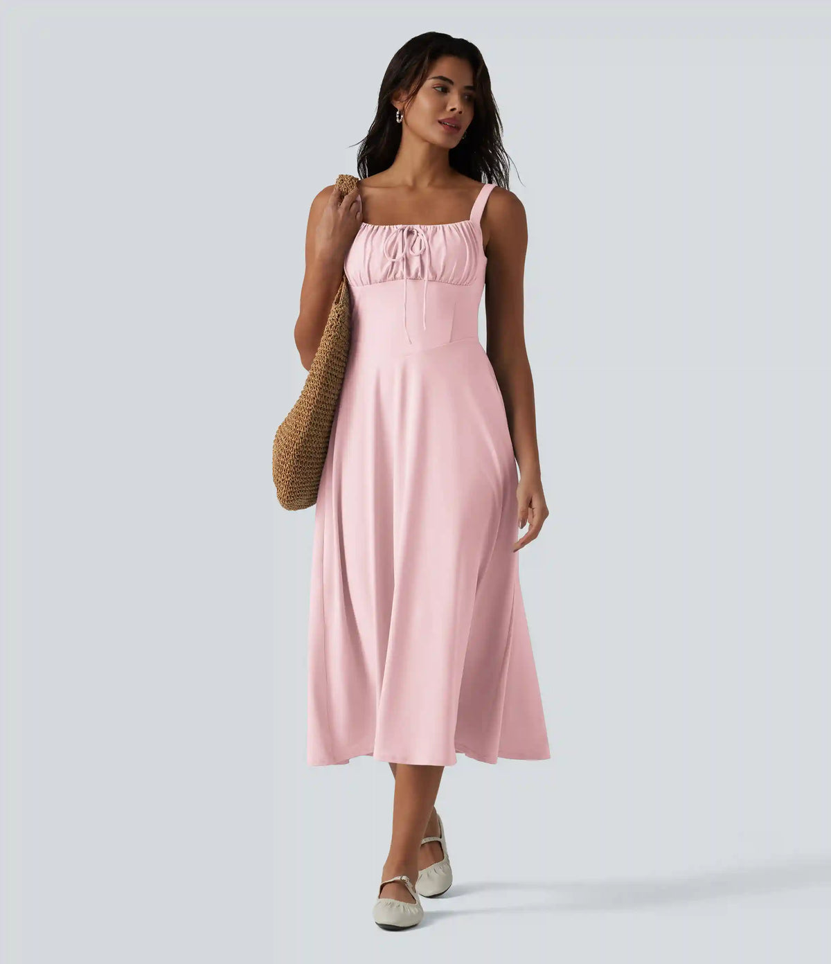 Crisscross Backless Square Neck Sleeveless Ruched Built-in Bra Midi Resort Flowy Milkmaid Dress