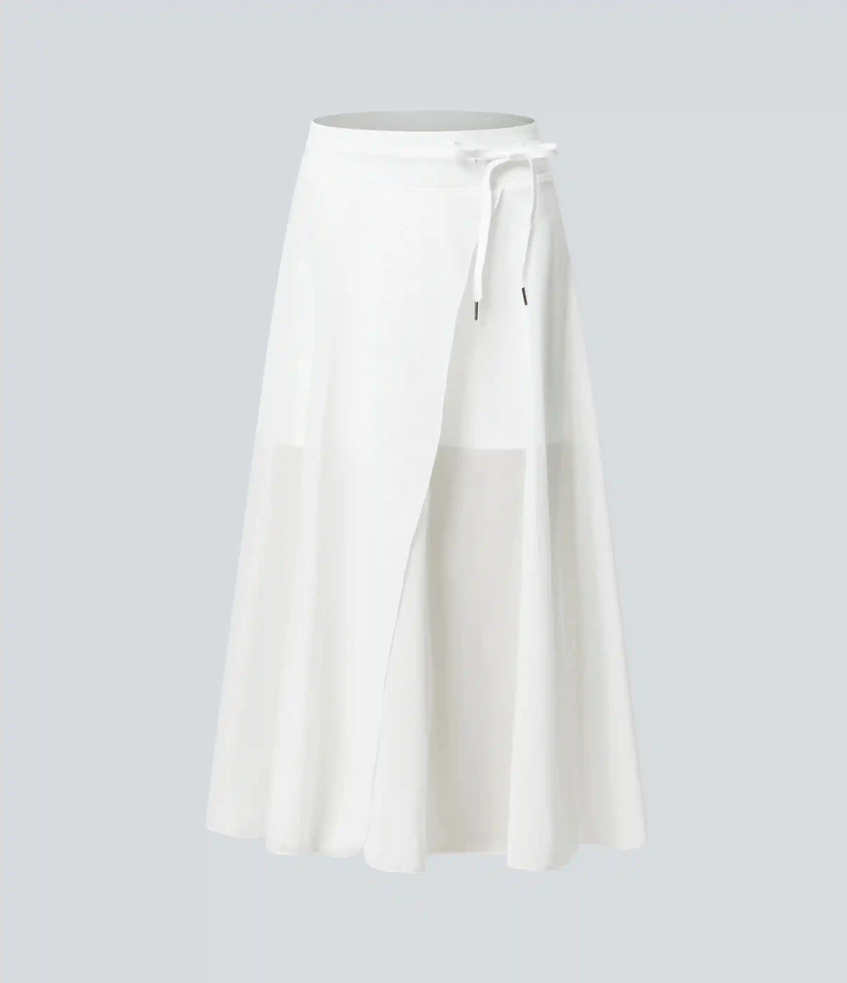 High Waisted Drawstring Contrast Mesh 2-in-1 Pocket Flowy Midi Flare Casual Skirt