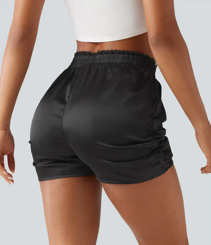Mid Rise Crossover Lace Ruched Satin Casual Shorts 3'' with Pockets