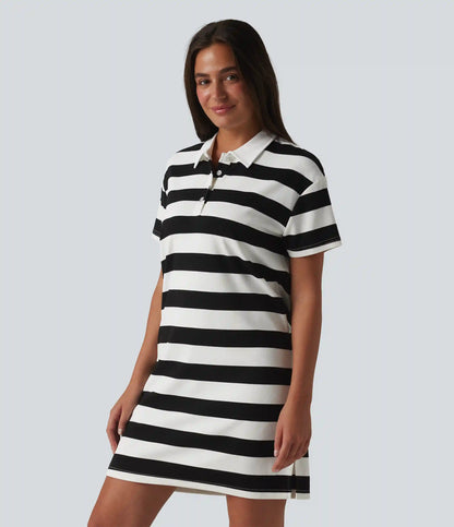 Polo Collar Short Sleeve Stripe Mini Casual Dress