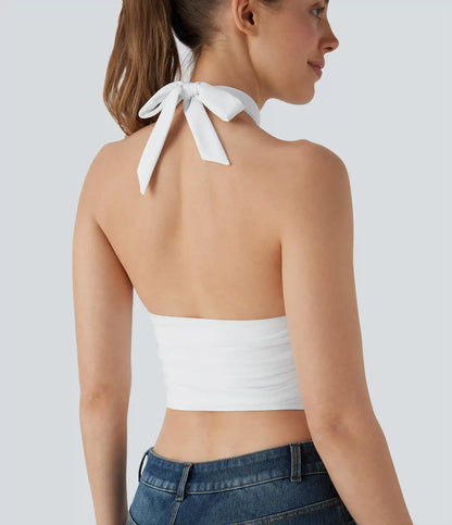 Halter Tie Back Cut Out Contrast Mesh Cropped Casual Top