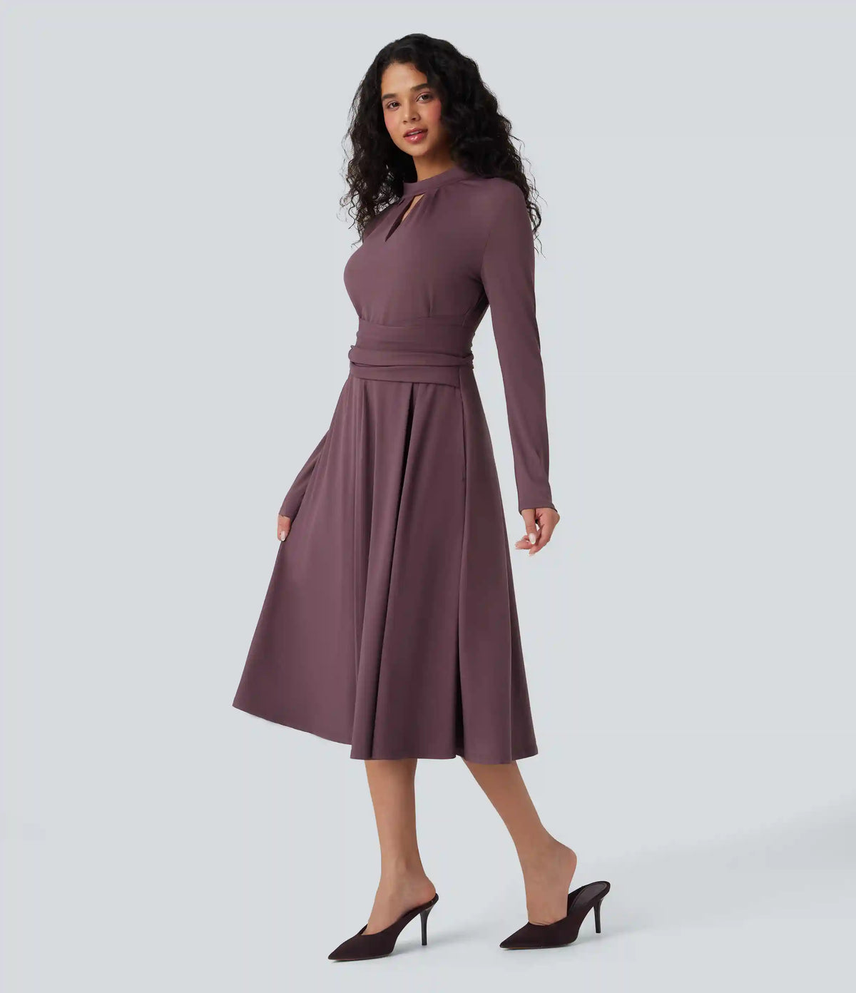 Cut Out Long Sleeve Tie Back Midi Work Dress with Pockets