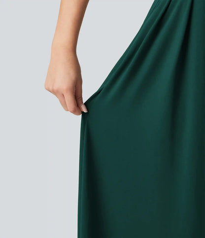 Sweetheart Neck Sleeveless Crisscross Tie-back Maxi Casual Flowy Dress with Pockets
