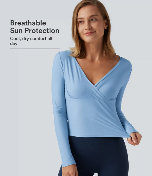 Deep V Neck Long Sleeve Crossover Yoga Top-UPF40+