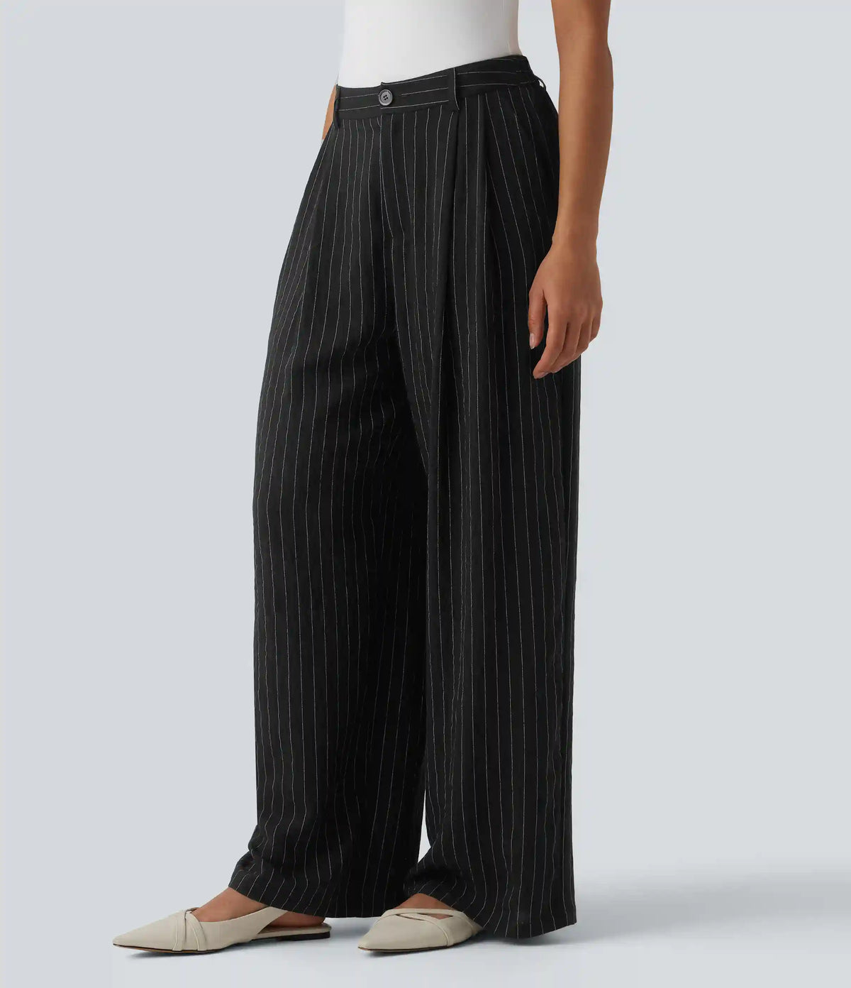 High Waisted Stripes Work Baggy Pants with Pockets