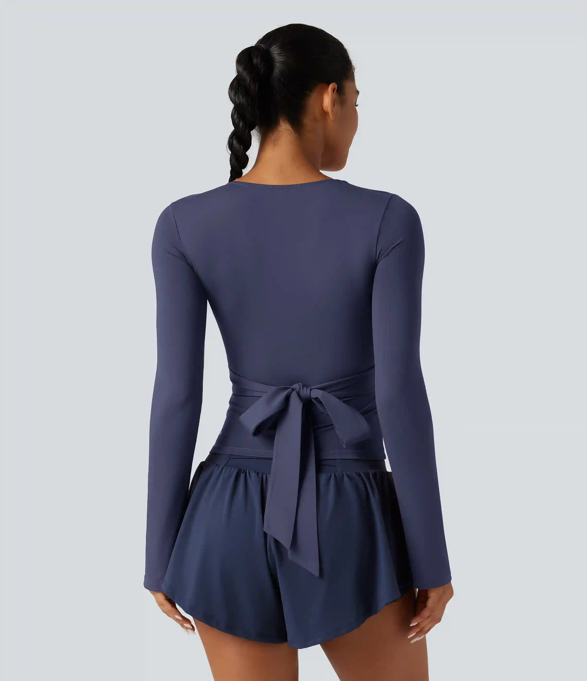 V Neck Long Sleeve Ruched Tie Back InstantCool Yoga Sports Top-UPF50+