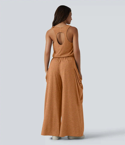 Sleeveless Cut Out Wide Leg Casual Jumpsuit with Pockets-Easy Peezy Edition