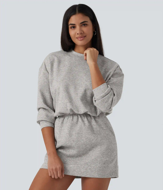 Round Neck Dropped Casual Sweatshirt Mini Dress with Pockets