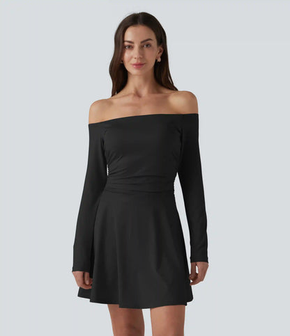 Off-shoulder Long Sleeve Ruched 2-in-1 Built-in Bra Casual Dress with Pocket-Easy Peezy