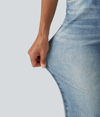 Mid Rise Denim Print Casual Flare Jeans with Pockets