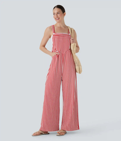 Pockets Stripe Waffle Overalls