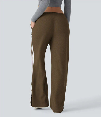 Low Rise Drawstring Color Block Snap Waffle Casual Wide Leg Pants with Pockets