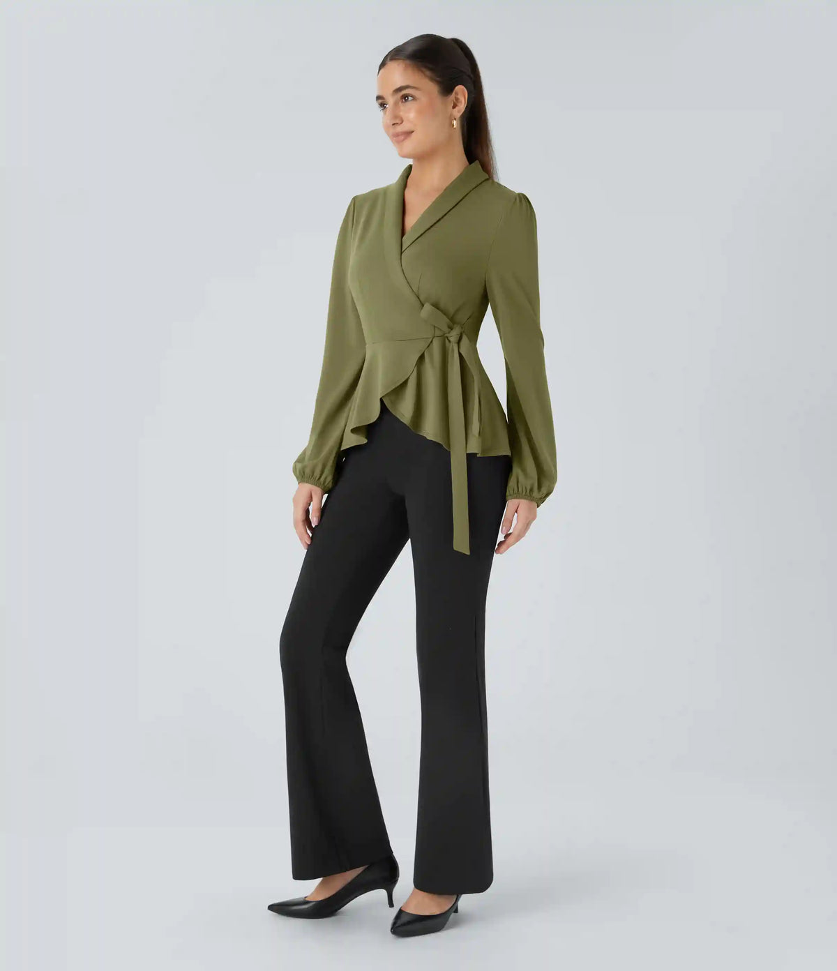 Shawl Collar Wrapped Tie Side Ruffle Hem Work Blouse