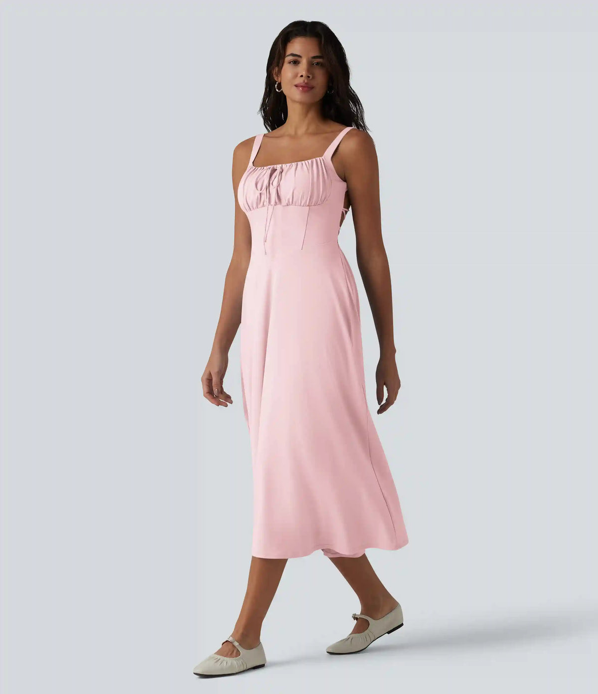 Crisscross Backless Square Neck Sleeveless Ruched Built-in Bra Midi Resort Flowy Milkmaid Dress