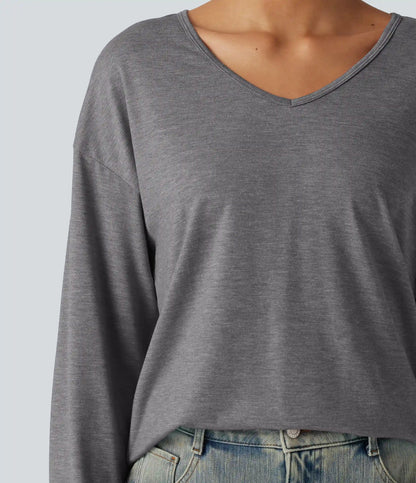 V Neck Long Sleeve Relaxed Heathered Casual T-Shirt