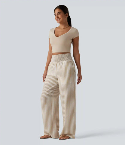 High Waisted Shirred 2-in-1 Straight Leg Stripe Casual Linen-Feel Pants with Pockets