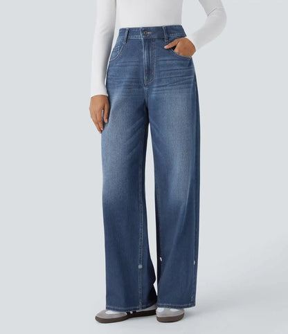 Halara Flex™ High Waisted Pockets Adjustable Hem Wide Leg Washed Casual Jeans
