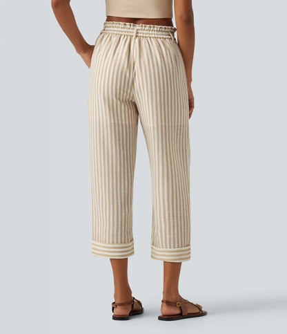 High Waisted 2-in-1 Straight Leg Stripe Cropped Casual Linen-Feel Pants with Pockets