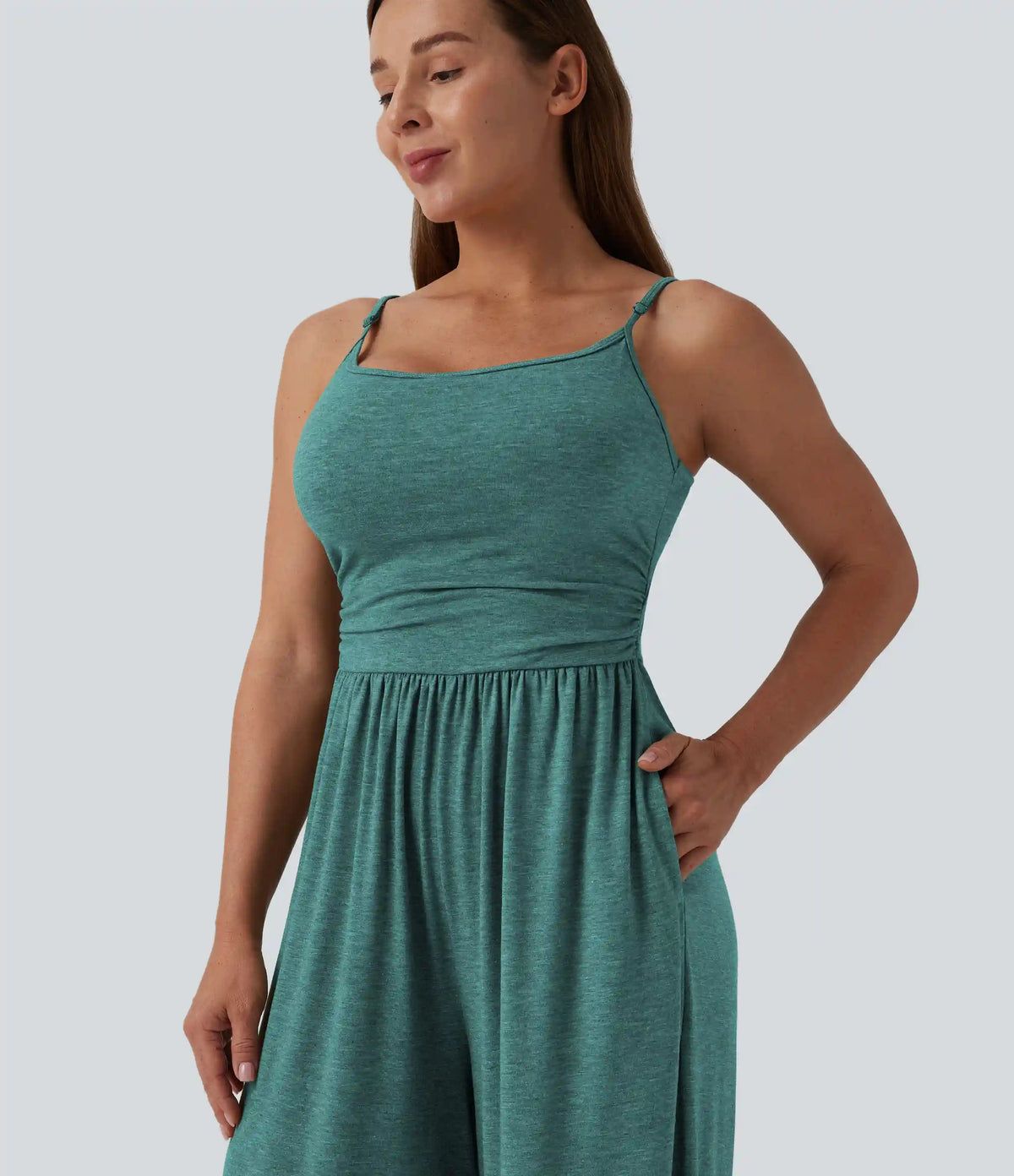 Adjustable Straps Ruched Wide Leg Heathered Casual Jumpsuit with Pockets-Easy Peezy