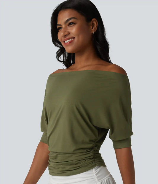 Off-shoulder Short Sleeve Ruched Casual Top