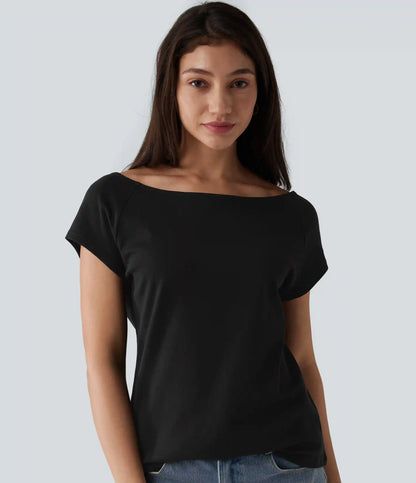Boat Neck Short Sleeve Casual Pima Cotton T-Shirt