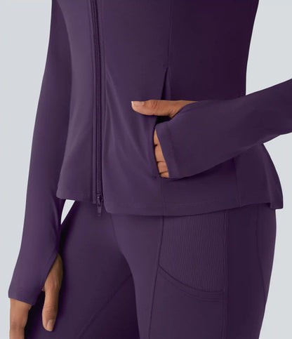 SoftlyZero™ Hooded Long Sleeve Thumb Hole Pleated Jacket with Pockets