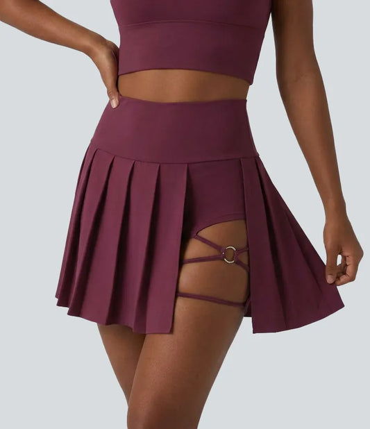 Breezeful™ High Waisted Pleated 2-in-1 Asymmetric Hem Quick Dry Mini Dance Skirt with Pockets-Longer Length
