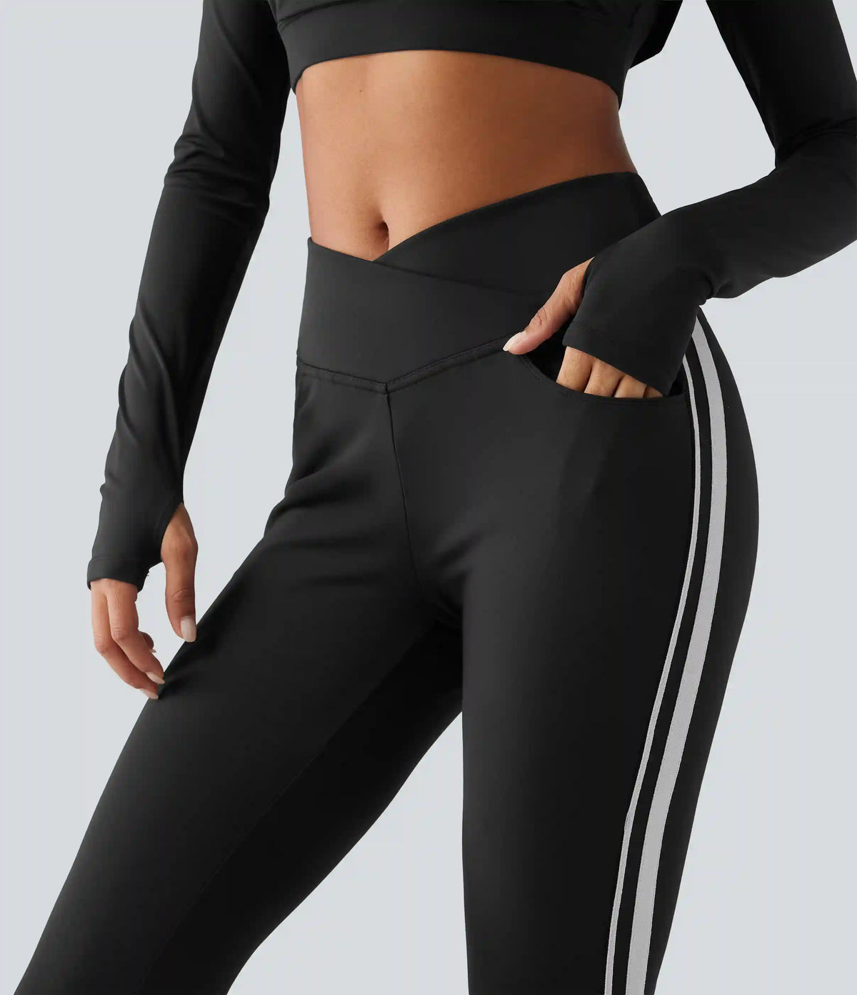 DayStretch High Waisted Crossover Tummy Control Side Stripe Bootcut Casual Pants with Pockets