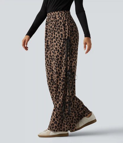 High Waisted Leopard Print Waffle Wide Leg Casual Pants with Pockets